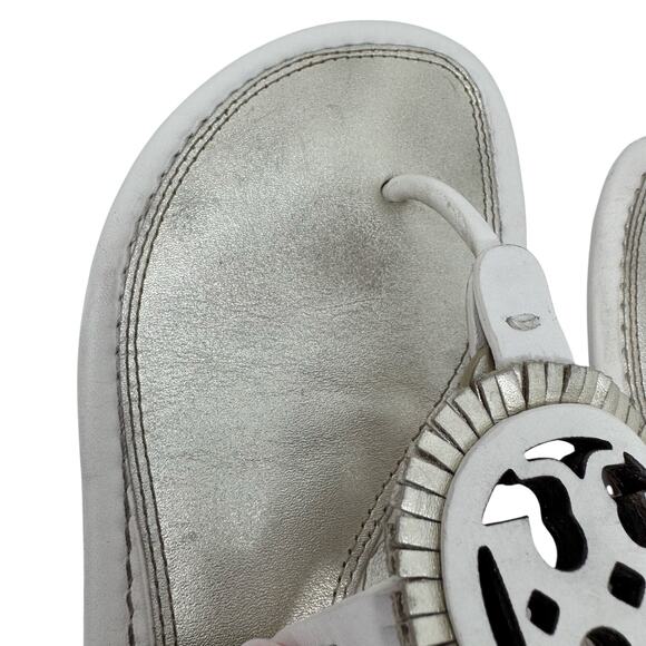 TORY BURCH Metallic Gold Cream Fringe Miller Logo Sandals Flip Flops Size 6.5 - Picture 6 of 12